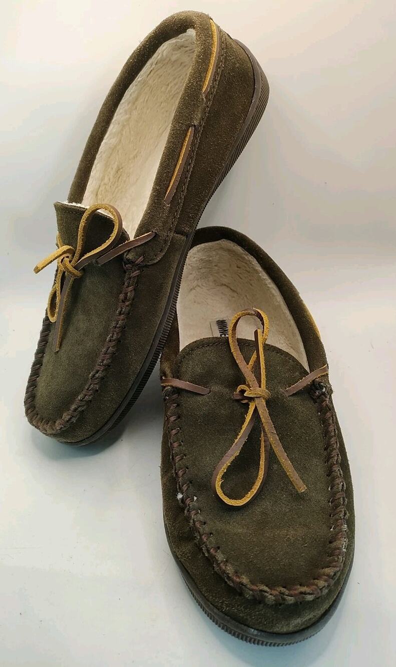 Minnetonka 3908 Men's Brown Leather Faux Fur Lined Slipper Moccasins Size 11 M